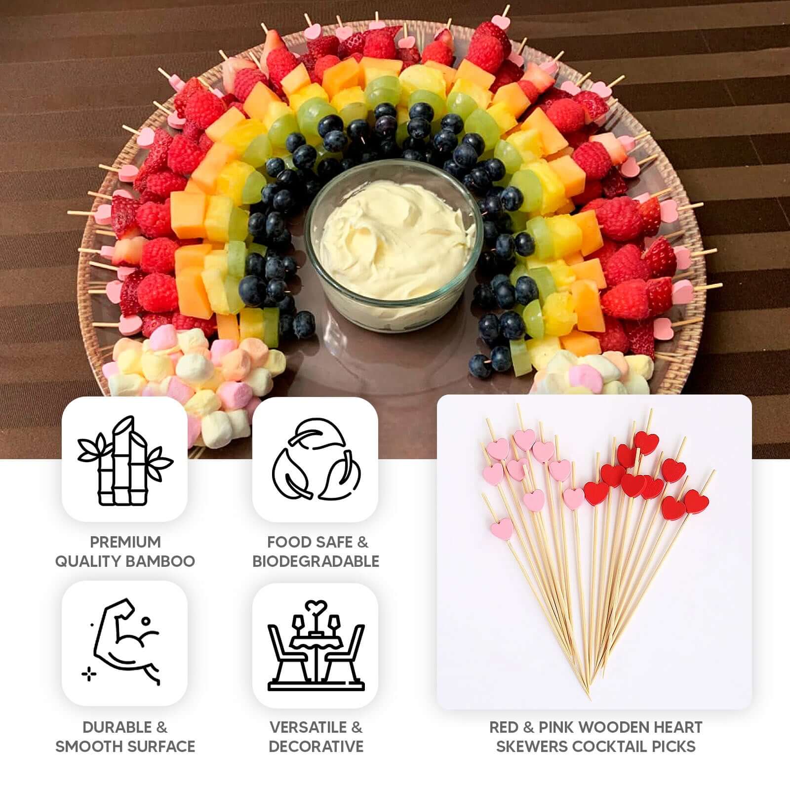 100-Pack Bamboo Cocktail Sticks Heart Design Eco Friendly Red/Pink - Biodegradable Fruit Appetizer Party Picks 5"