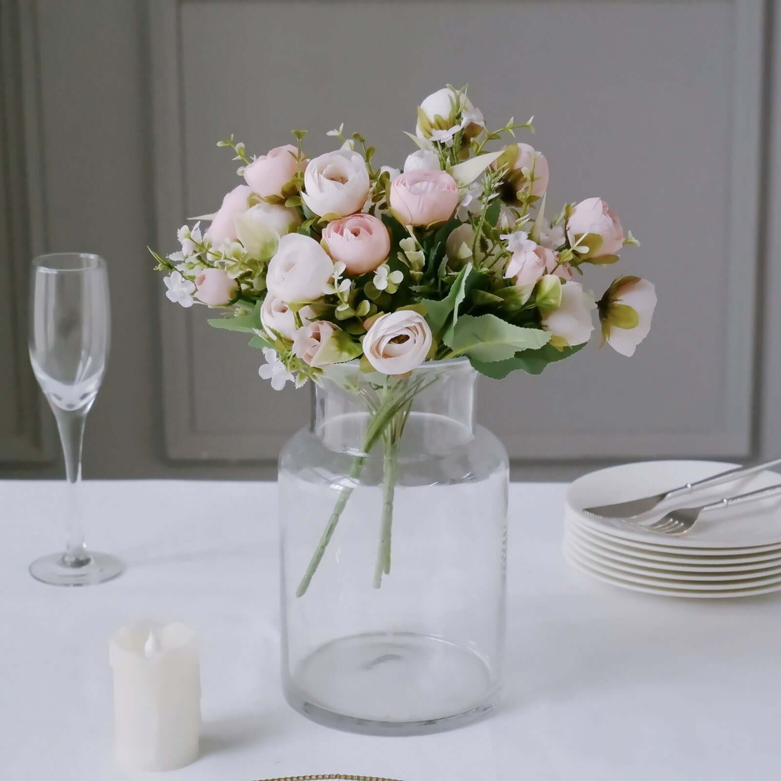 4 Pack 12" Artificial Blush Ranunculus Silk Flower Bridal Bouquets, Faux Buttercup Floral Arrangement