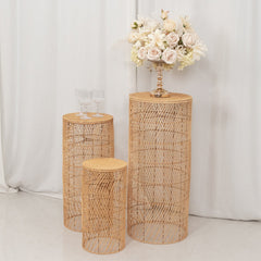 Set of 3 Natural Woven Rattan Wicker Pedestal with Wave Pattern - 19",27",33"
