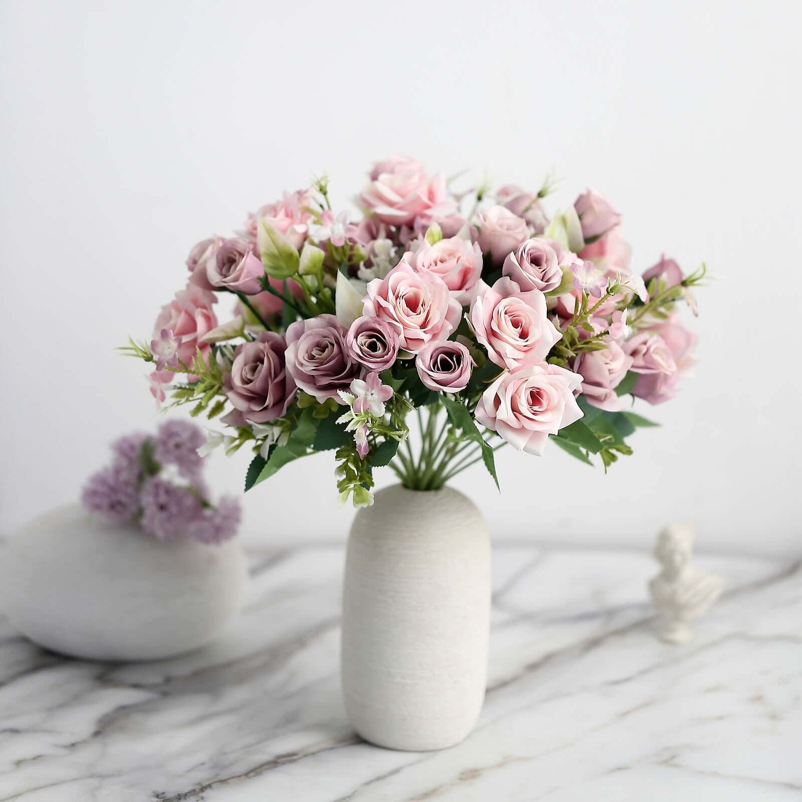 4 Bushes 12" Dusty Rose Real Touch Artificial Silk Rose Flower Bouquet, Faux Bridal Flowers