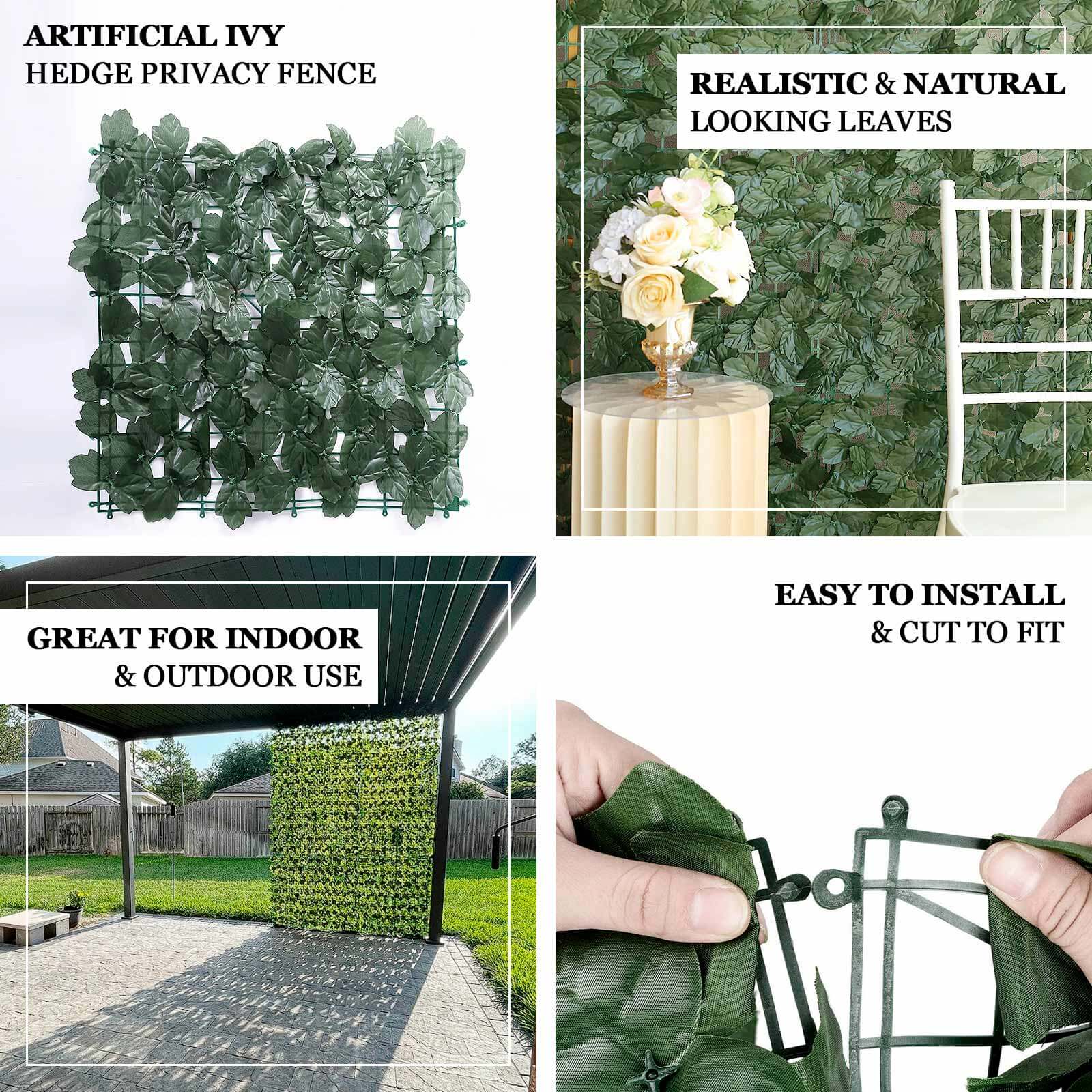 12 Pack Dark Green Artificial Ivy Hedge Privacy Screen Fence Wall Panel, Faux Leaf Greenery Backdrop Garden Decor - 32 Sq. ft.