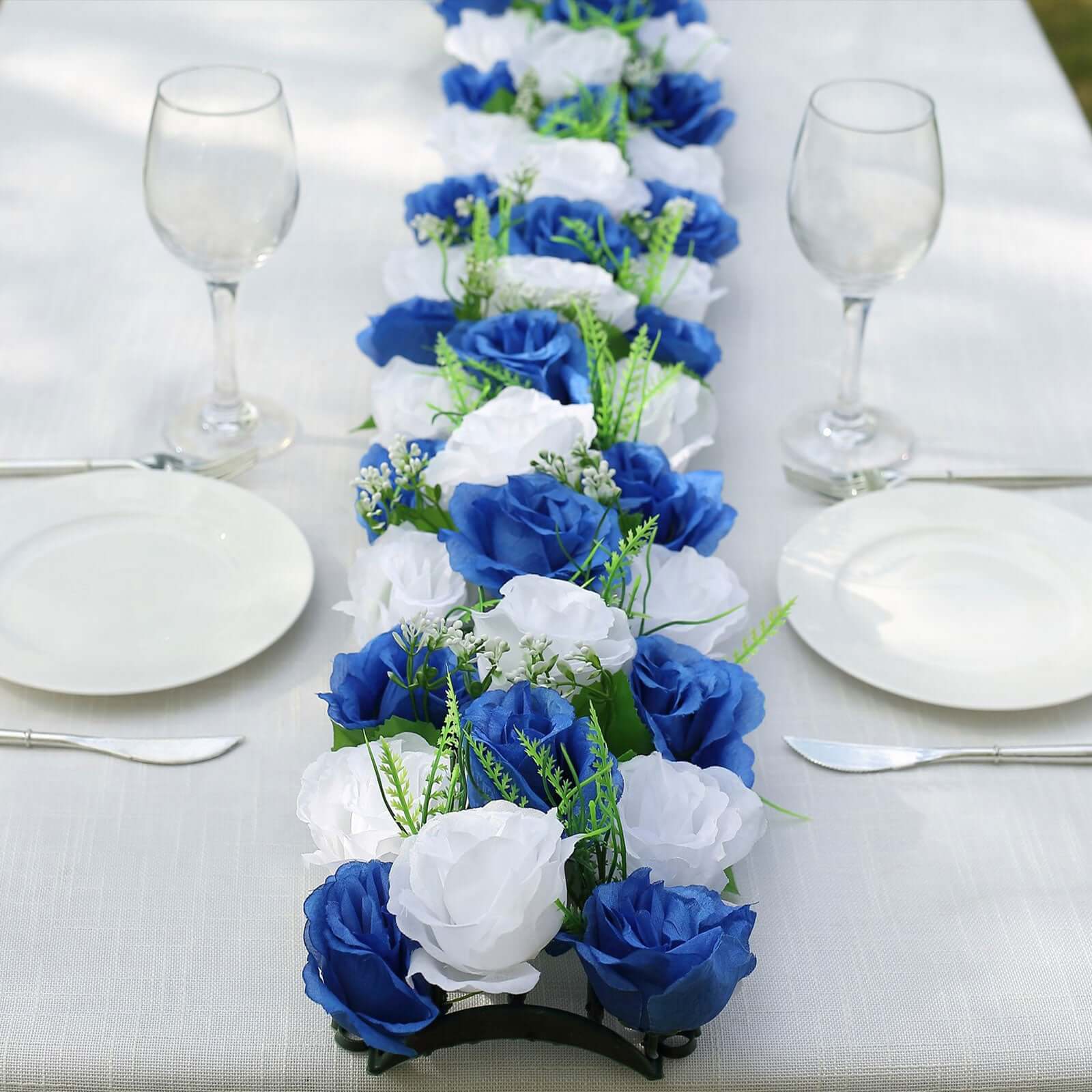 6 Pack White Royal Blue Silk Rose Flower Panel Table Runner, Artificial Floral Arrangements Wedding Table Centerpiece - 20"x8"
