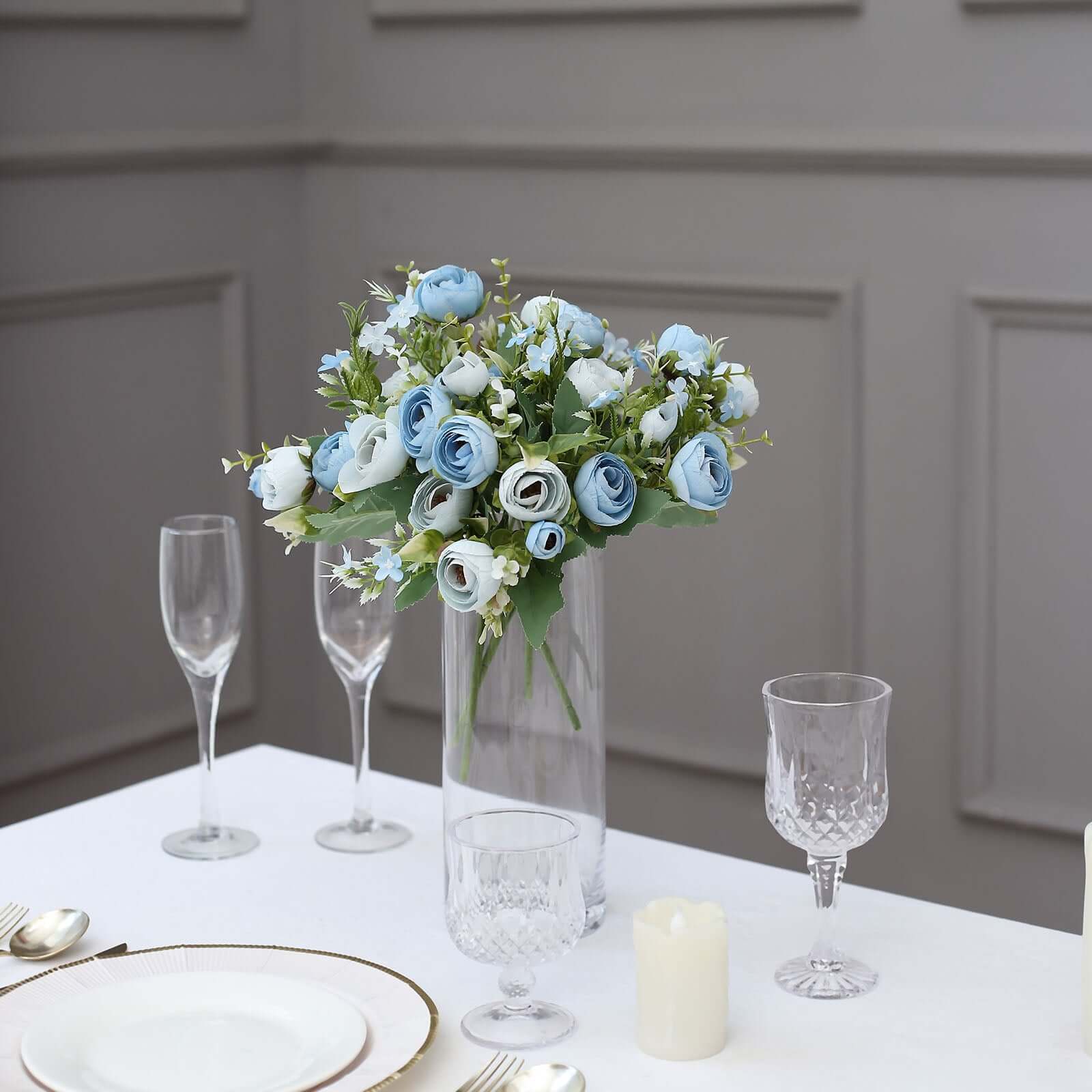 4 Pack 12" Artificial Dusty Blue Ranunculus Silk Flower Bridal Bouquets, Faux Buttercup Floral Arrangement