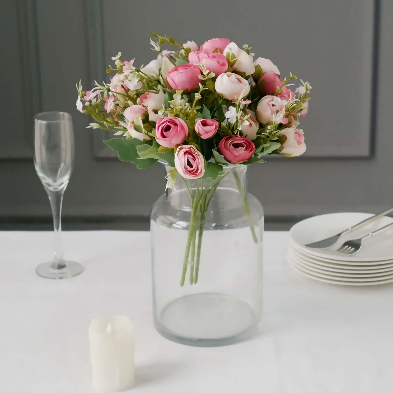 4 Pack 12" Artificial Pink Ranunculus Silk Flower Bridal Bouquets, Faux Buttercup Floral Arrangement