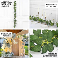 6ft Real Touch Green Artificial Silk Rose Leaf Hanging Vine, Flexible Greenery Table Garland