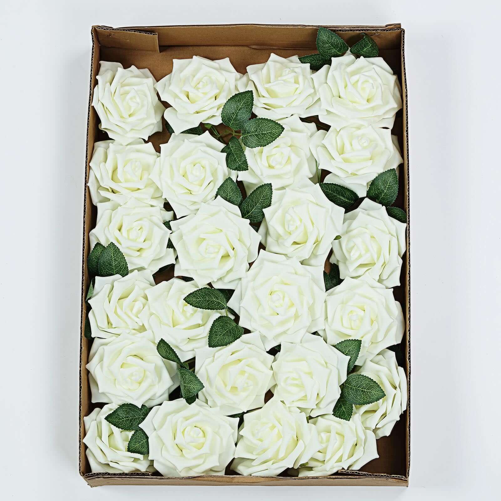 24 Roses 5" Ivory Artificial Foam Flowers With Stem Wire and Leaves