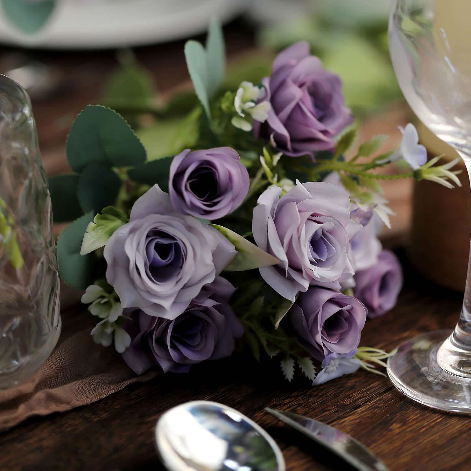 4 Bushes 12" Lavender Lilac Real Touch Artificial Silk Rose Flower Bouquet, Faux Bridal Flowers