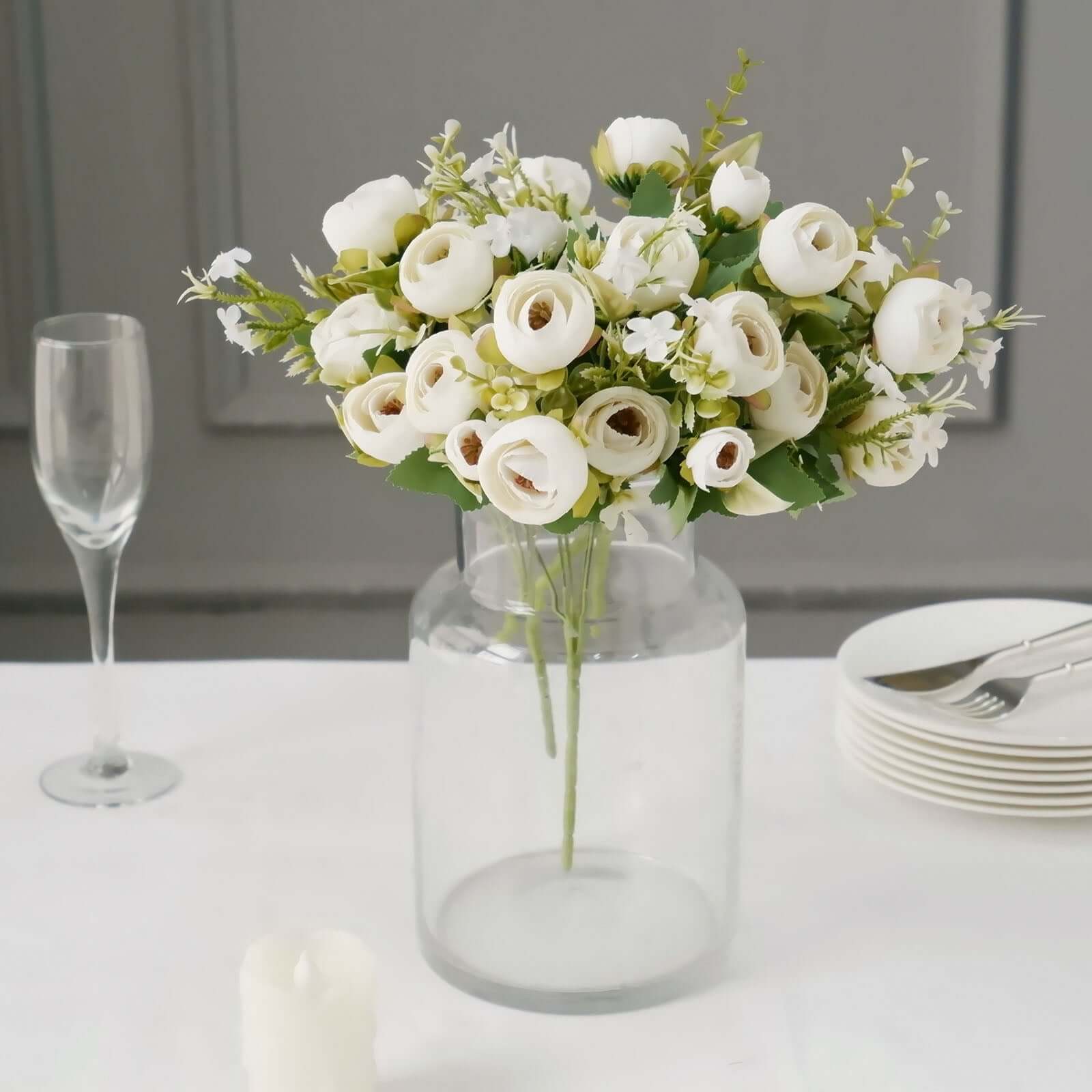 4 Pack 12" Artificial Ivory Ranunculus Silk Flower Bridal Bouquets, Faux Buttercup Floral Arrangement