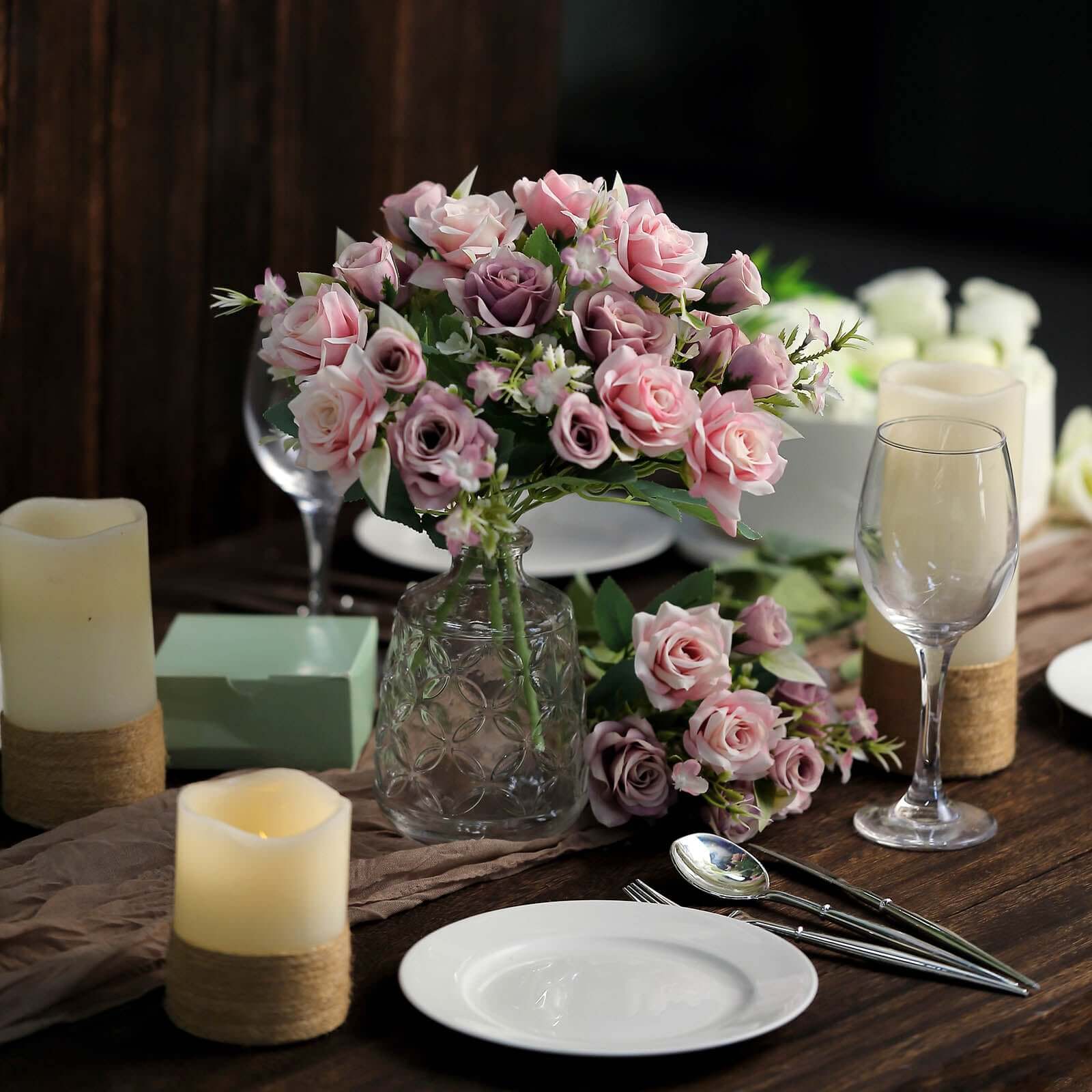 4 Bushes 12" Dusty Rose Real Touch Artificial Silk Rose Flower Bouquet, Faux Bridal Flowers