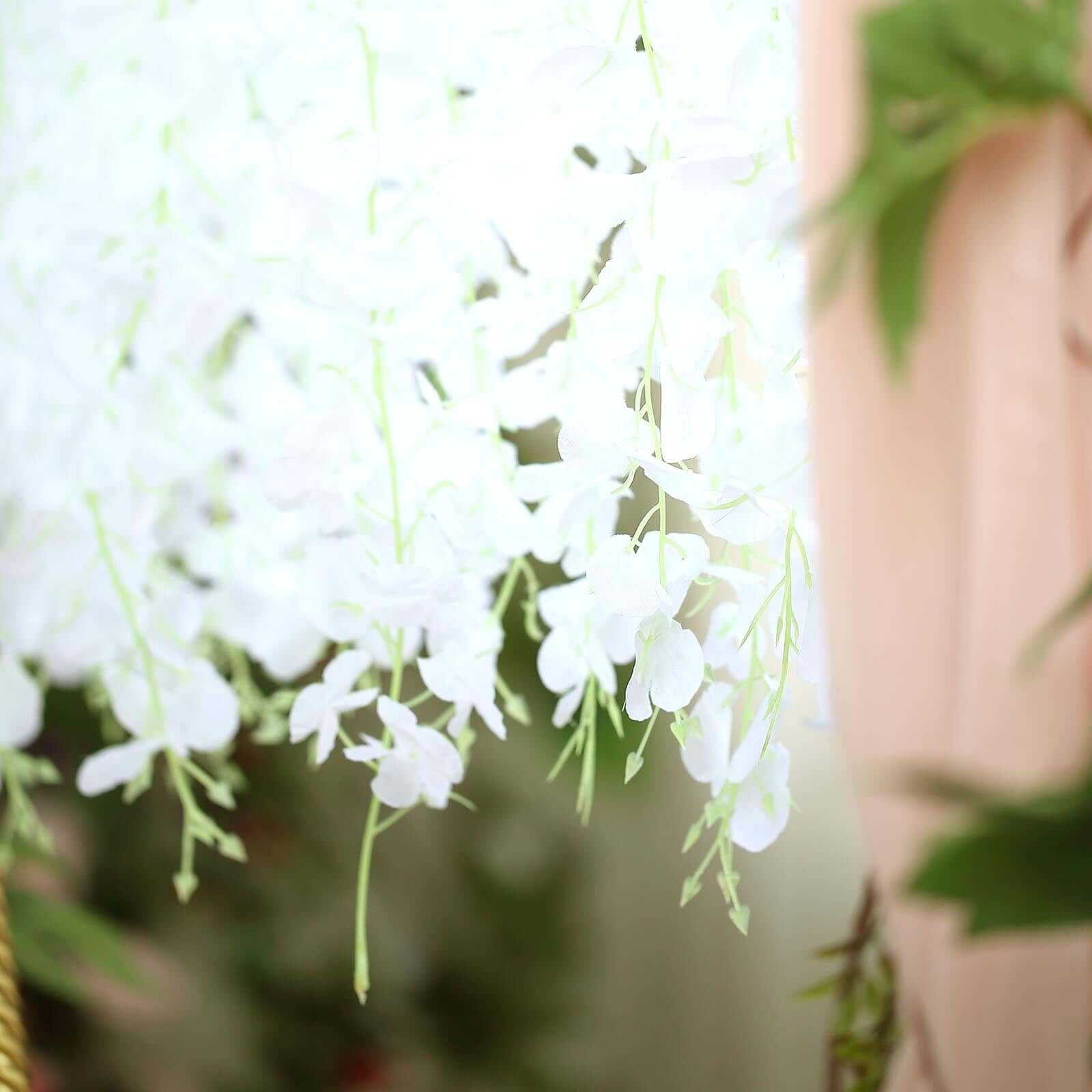 42" Silk Hanging Wisteria Flower Garland Vines in White, Elaborated 5 Full Strands in 1 Bush