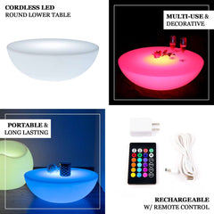 23.5" Color Changing Cordless LED Light Up Half Circle Round Table, Rechargeable Waterproof Illuminated Furniture