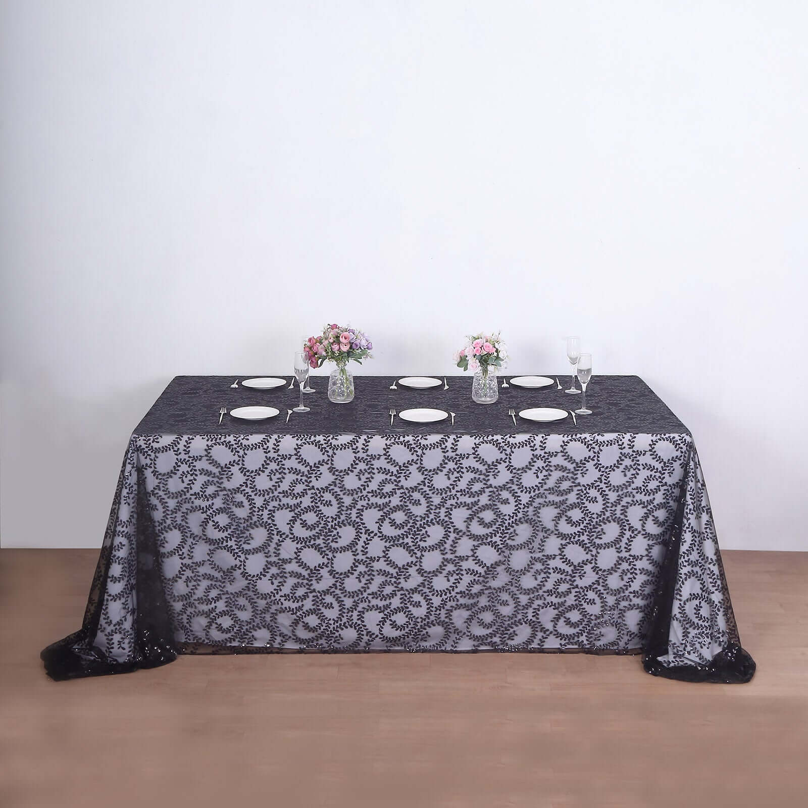 Tulle 90"x156" Rectangle Tablecloth Black - Sequin Leaf Embroidered Table Cover