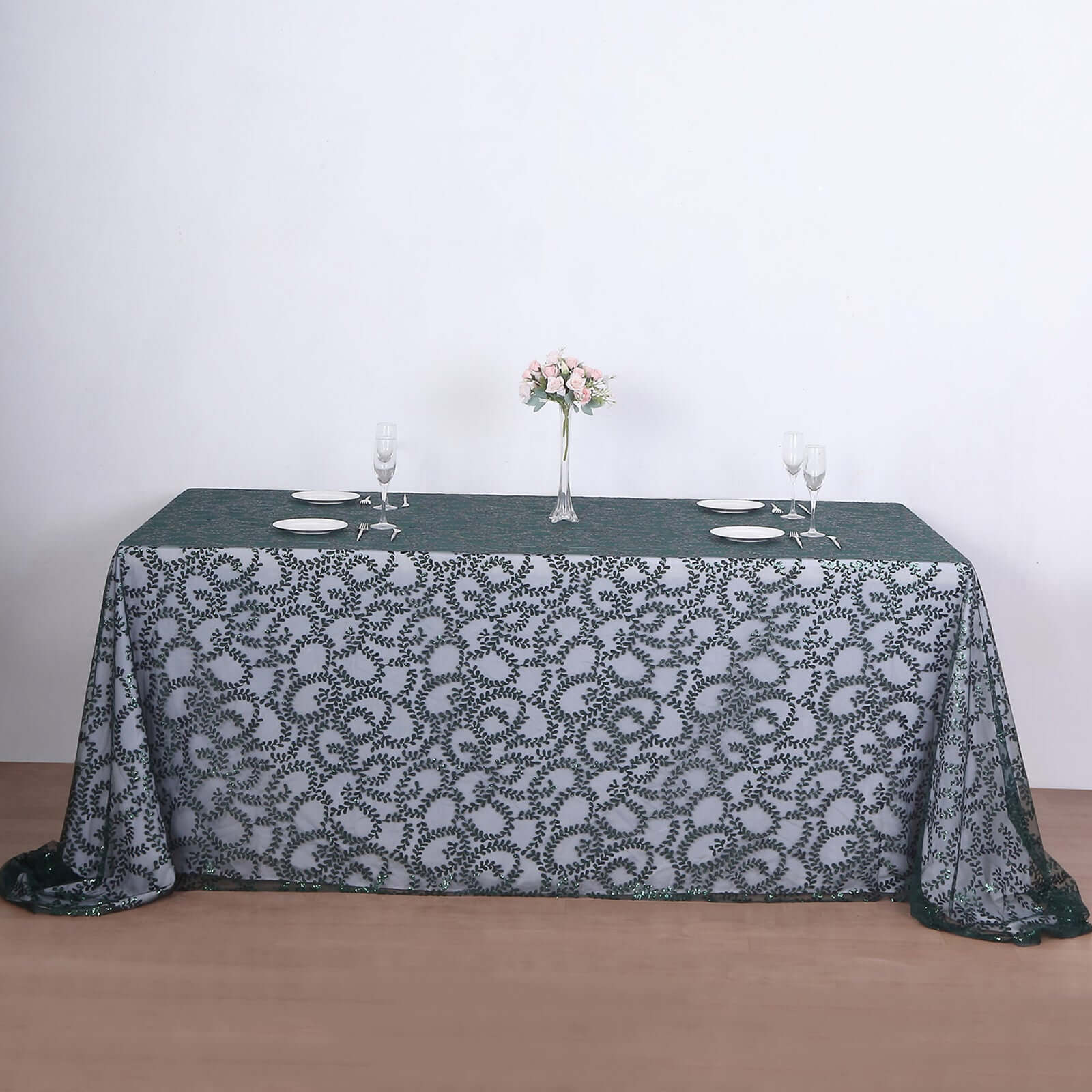 Tulle 90"x156" Rectangle Tablecloth Hunter Emerald Green - Sequin Leaf Embroidered Table Cover