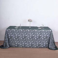 Tulle 90"x156" Rectangle Tablecloth Hunter Emerald Green - Sequin Leaf Embroidered Table Cover