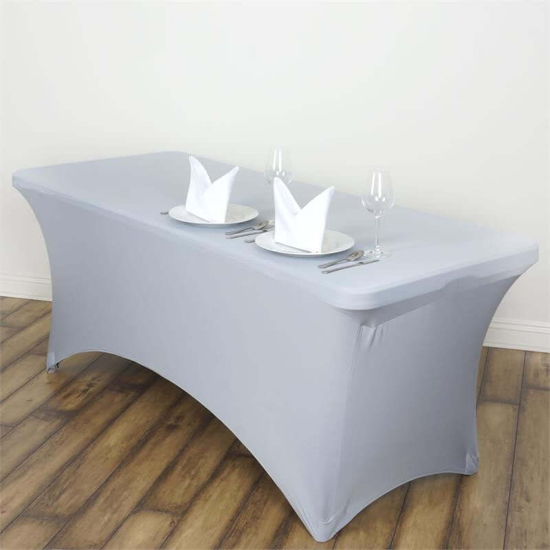 Stretch Spandex 6ft Rectangle Tablecloth Silver - Durable Form-Fitting Table Cover