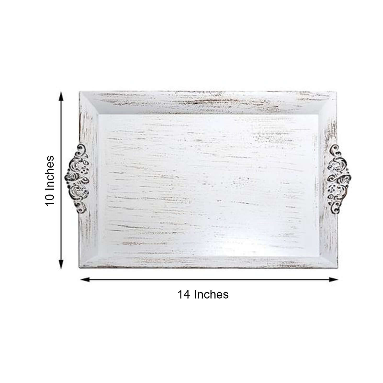 2-Pack Acrylic Rectangle Serving Trays 14"x10" in White Wash with Embossed Handles, Antique Decorative Dinner Party Food Platters