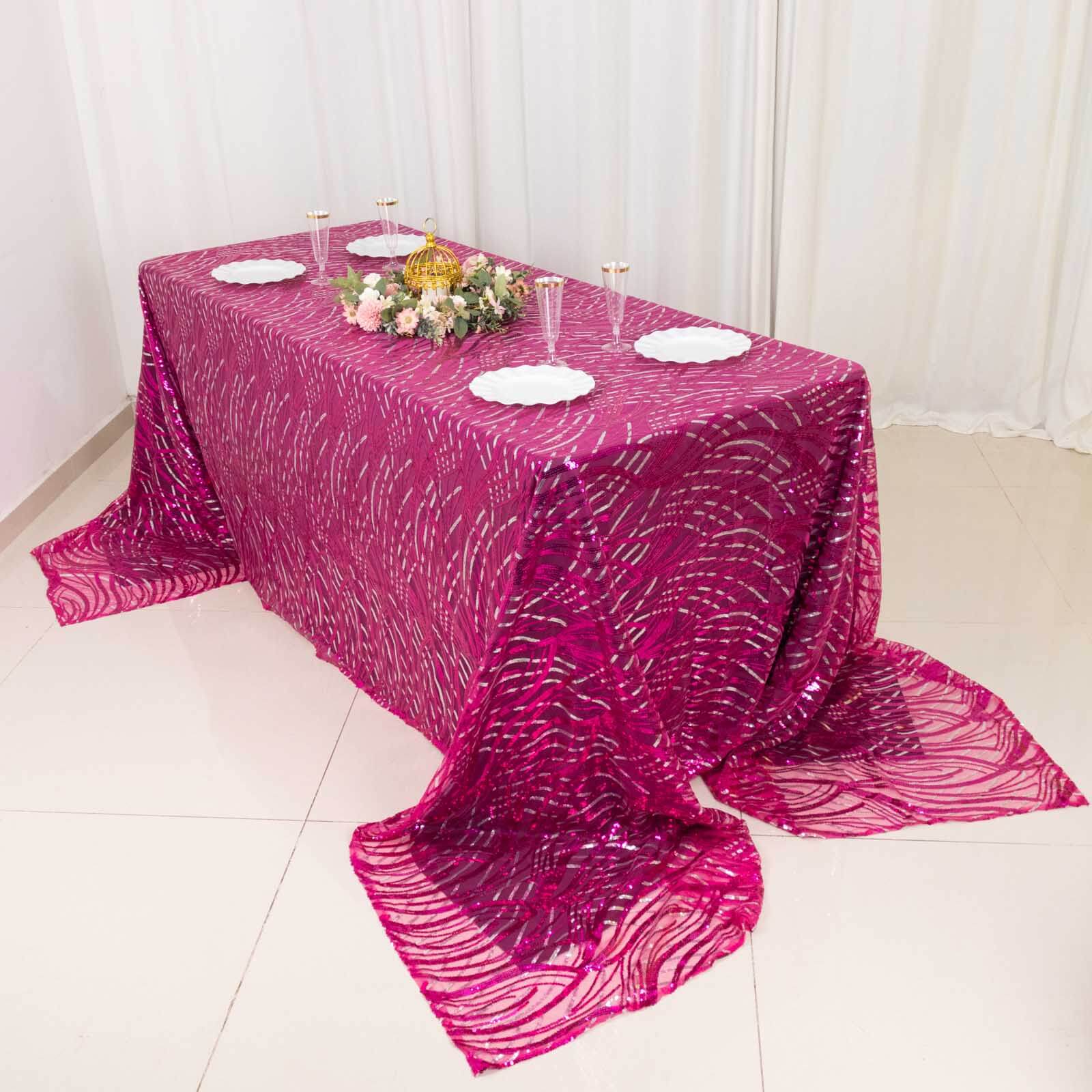 Mesh 90"x156" Rectangle Tablecloth Fuchsia/Silver - Wave Sequin Embroidered Table Cover