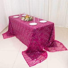 Mesh 90"x156" Rectangle Tablecloth Fuchsia/Silver - Wave Sequin Embroidered Table Cover
