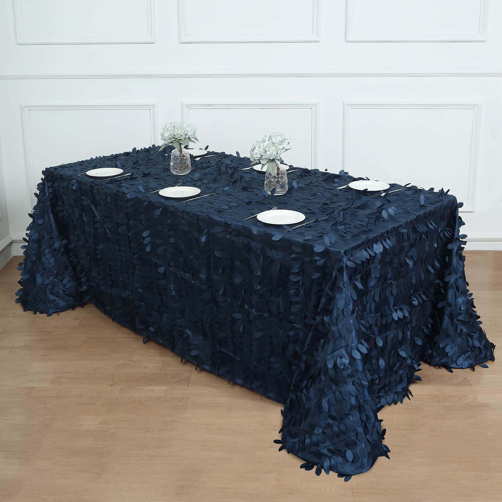 Taffeta 90"x156" Rectangle Tablecloth Navy Blue | 3D Leaf Petal Design Seamless Table Cover