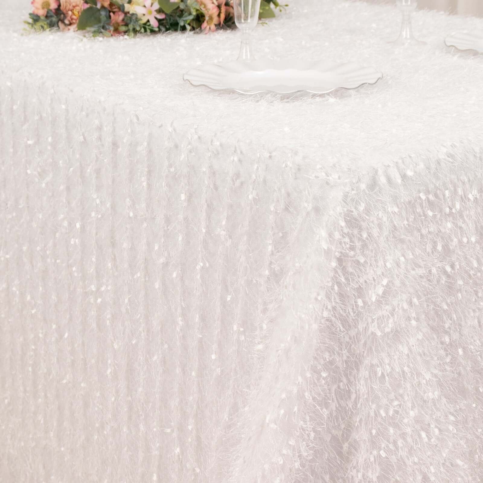 Polyester 90"x156" Rectangle Tablecloth White with Shaggy Fringe Design - Stylish Table Cover