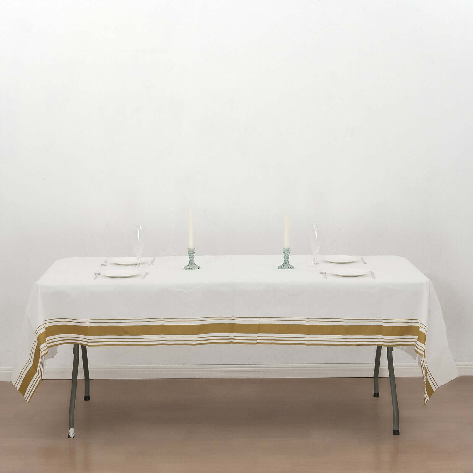 Linen-Like Paper 50"x108" Rectangle Tablecloth White - Disposable Airlaid Table Cover with Gold Striped Border
