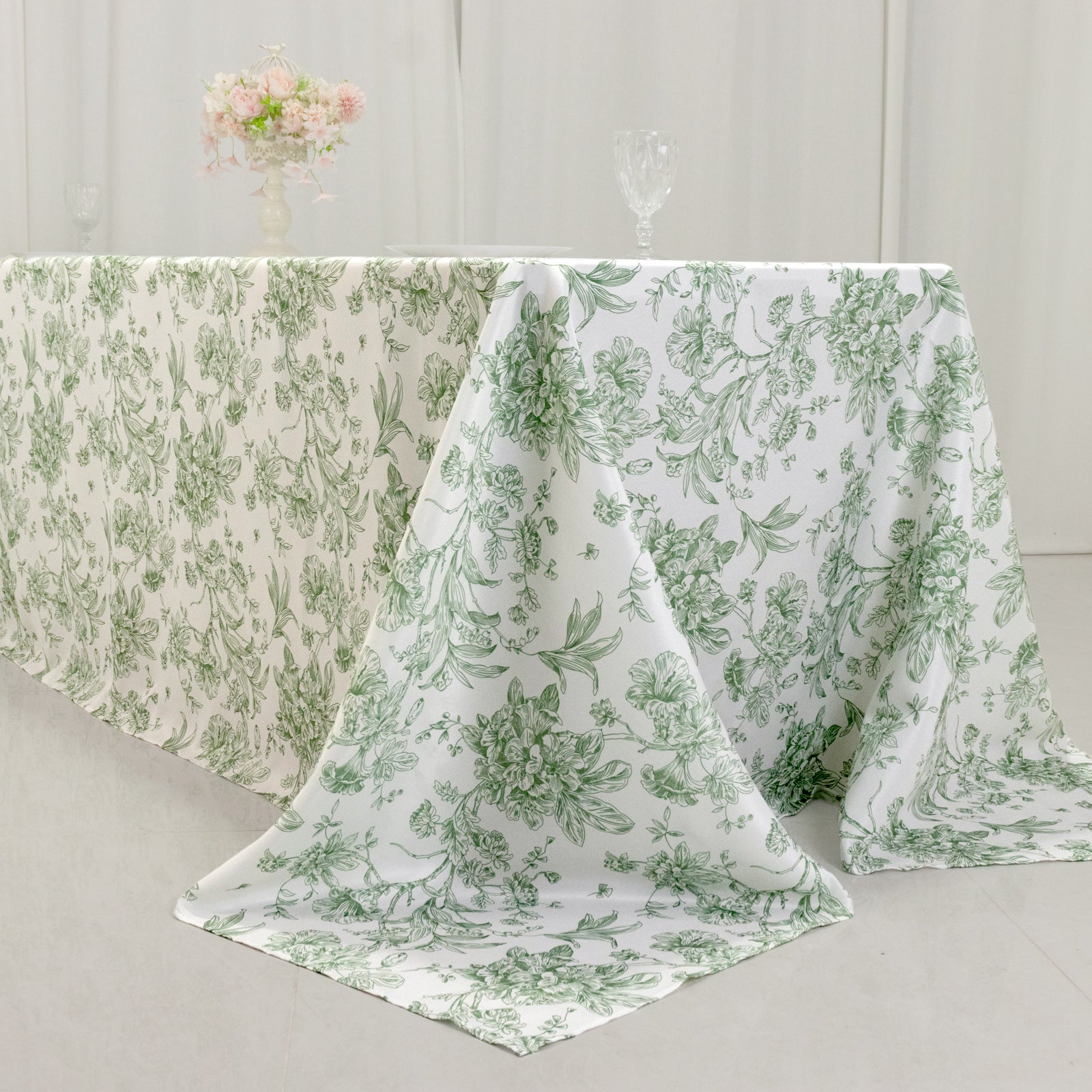 Polyester 90"x156" Rectangle Tablecloth White - Seamless Dusty Sage Green French Toile Pattern for Grand Occasions