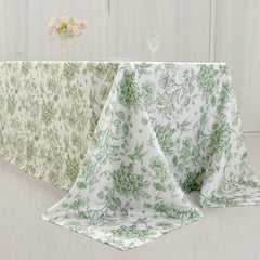 Polyester 90"x156" Rectangle Tablecloth White - Seamless Dusty Sage Green French Toile Pattern for Grand Occasions