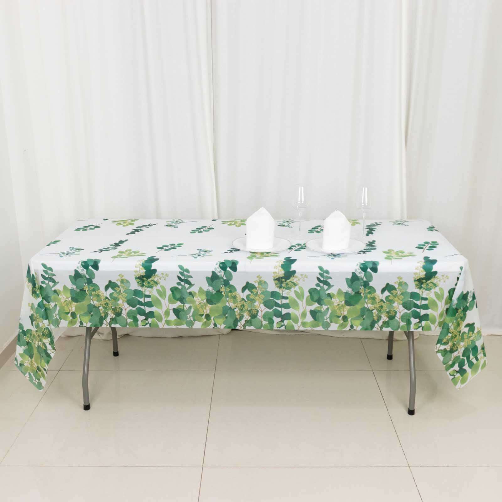 5-Pack Plastic Table Covers White/Green Rectangle with Eucalyptus Leaves Print - Decorative PVC Disposable Tablecloths 54"x108"