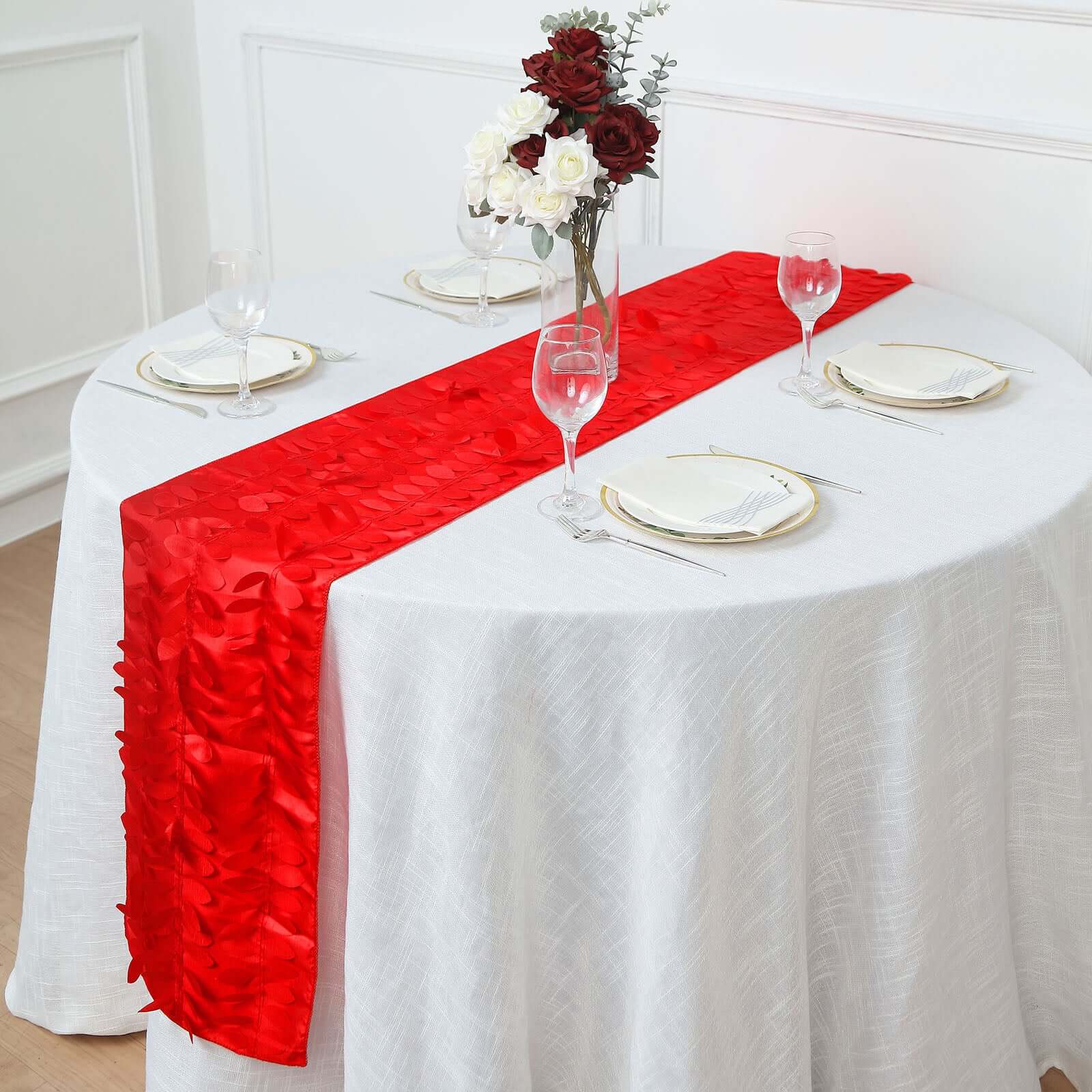 Taffeta Fabric 12"x108" Table Runner Red - 3D Leaf Petal Design