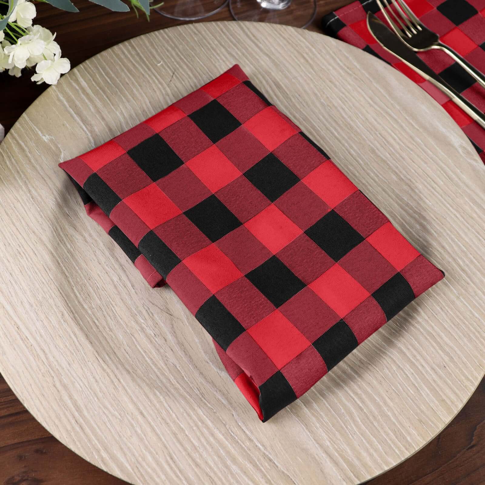 5 Pack Polyester 15"x15" Napkins Black/Red Buffalo Plaid Gingham Style Cloth Napkins