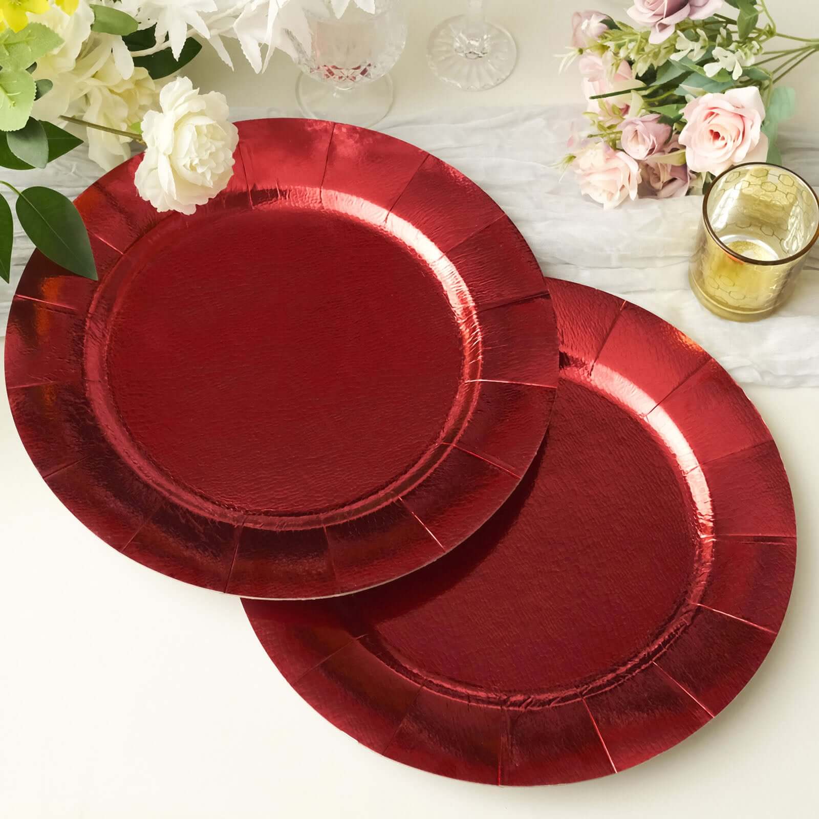 10-Pack Disposable Round Charger Plates in Red with Leathery Texture - Durable 1100GSM Cardboard Placemats 13"