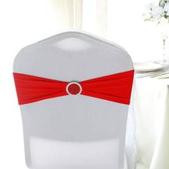 5 Pack Stretch Spandex Chair Sashes Red - Reusable Chair Bands with Silver Diamond Ring Slide Buckle 5"x14"