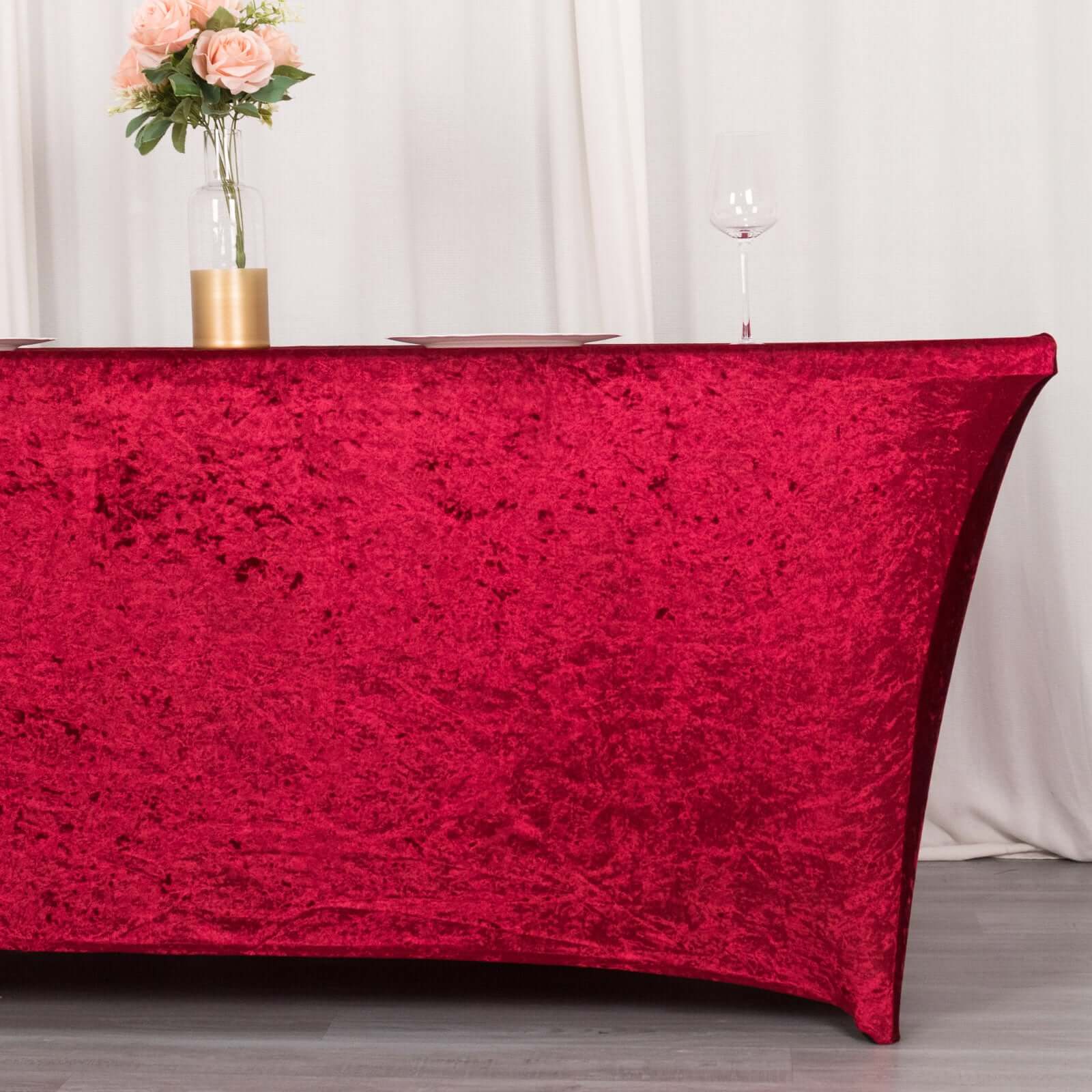 Crushed Velvet Fitted Rectangular 6ft Table Cover Red - Wrinkle-Free Stretchy Tablecloth
