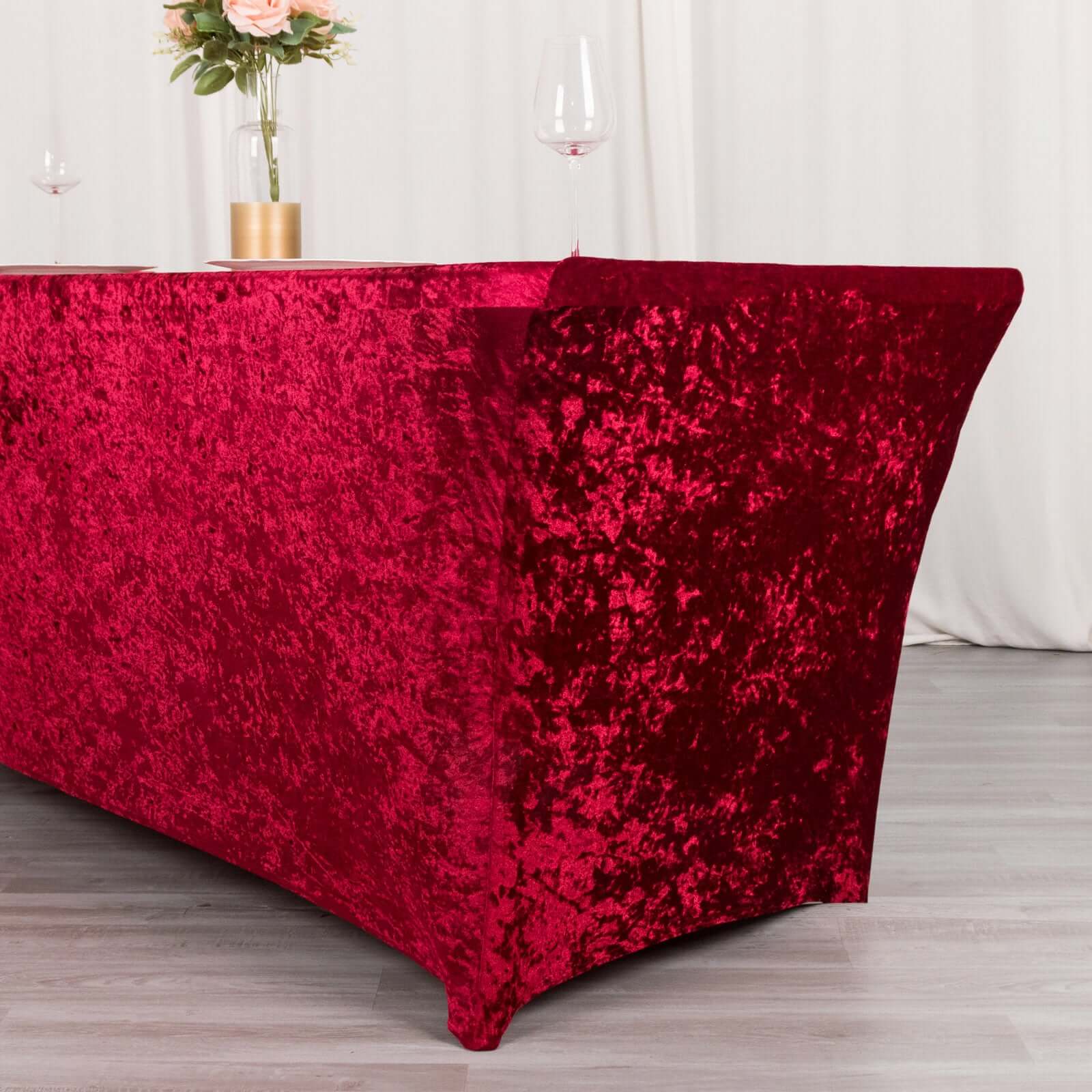Crushed Velvet Fitted Rectangular 6ft Table Cover Red - Wrinkle-Free Stretchy Tablecloth