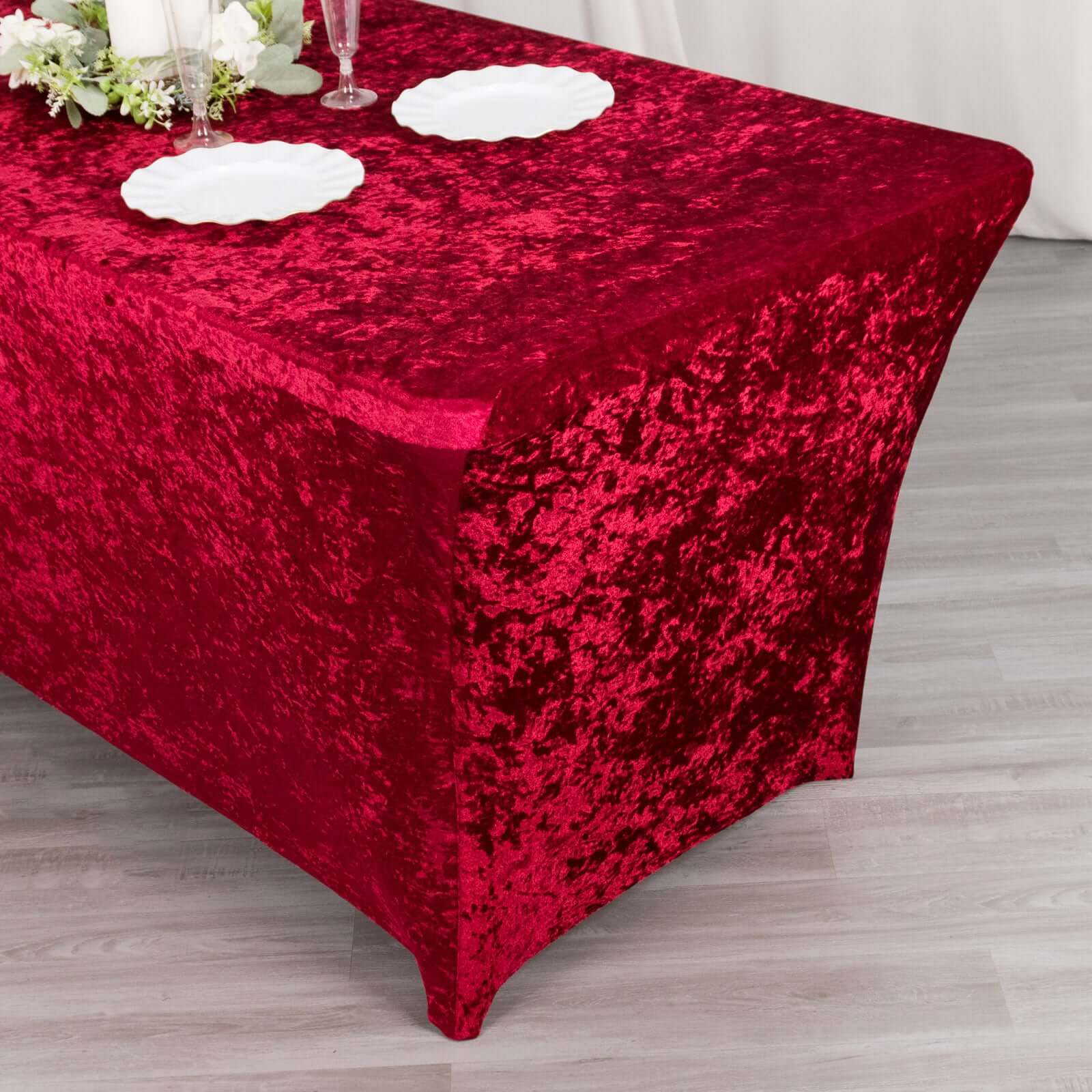 Crushed Velvet Fitted Rectangular 6ft Table Cover Red - Wrinkle-Free Stretchy Tablecloth