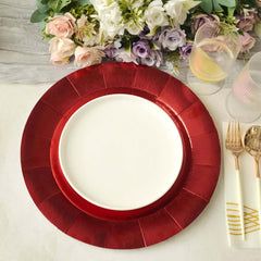 10-Pack Disposable Round Charger Plates in Red with Leathery Texture - Durable 1100GSM Cardboard Placemats 13"