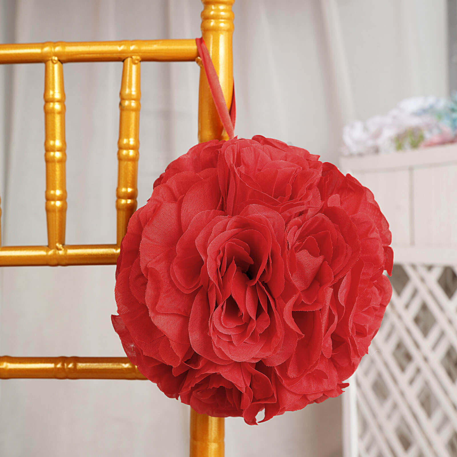 2 Pack 7" Red Artificial Silk Rose Kissing Ball, Faux Flower Ball