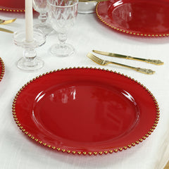 10-Pack Economy Round Plastic Charger Plates 13" in Red with Gold Beaded Rim, Stylish Dinner Party Serving Plates