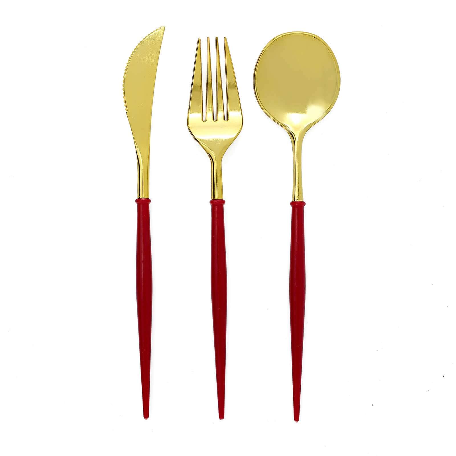 24-Pack Plastic Flatware Set in Metallic Gold with Red Handle - Heavy Duty Disposable Modern Silverware 8"