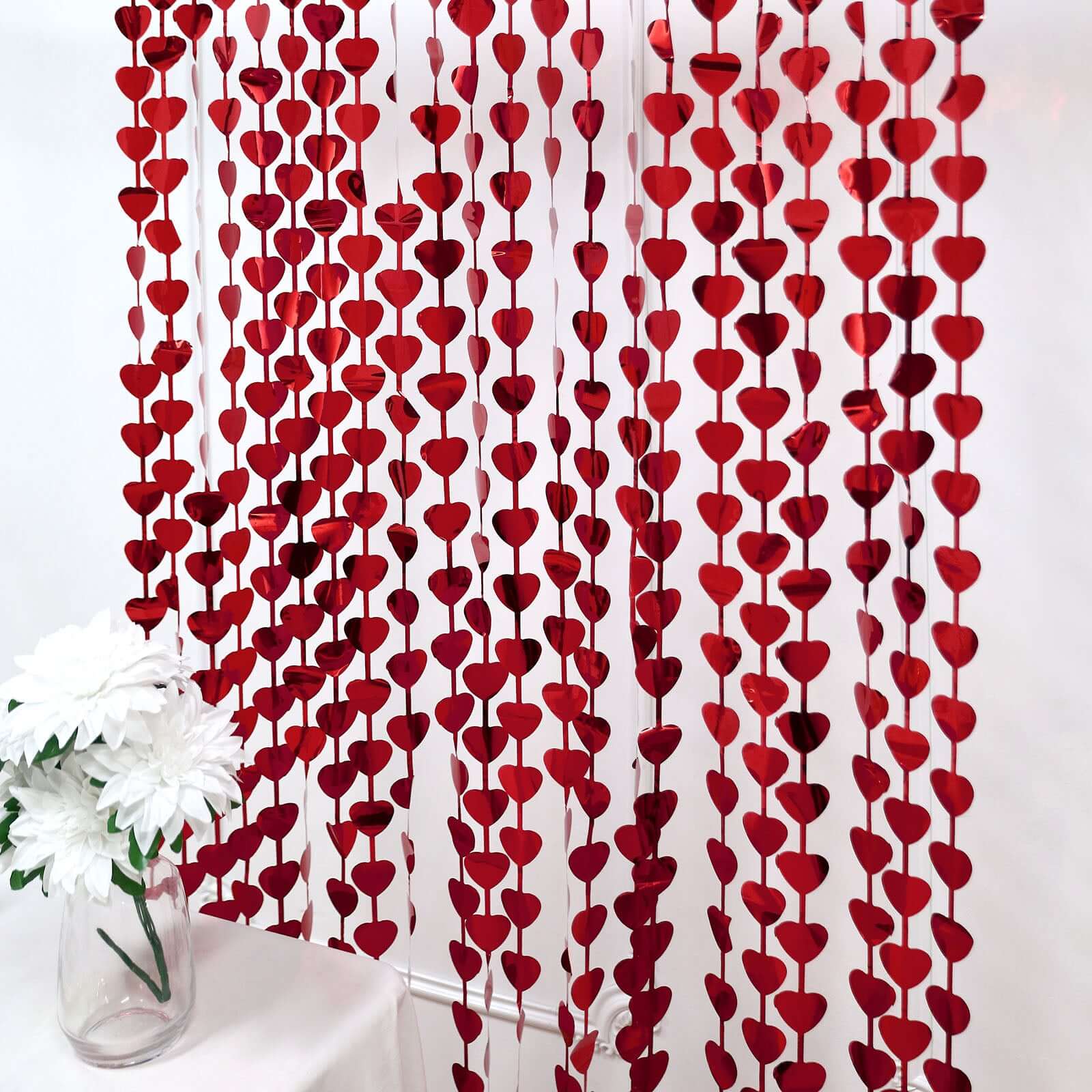Red Heart Chain Foil Fringe Curtain Party Backdrop, Metallic Red Tinsel Streamer Party Decor - Door Window Foil Curtain - 3ftx6.5ft