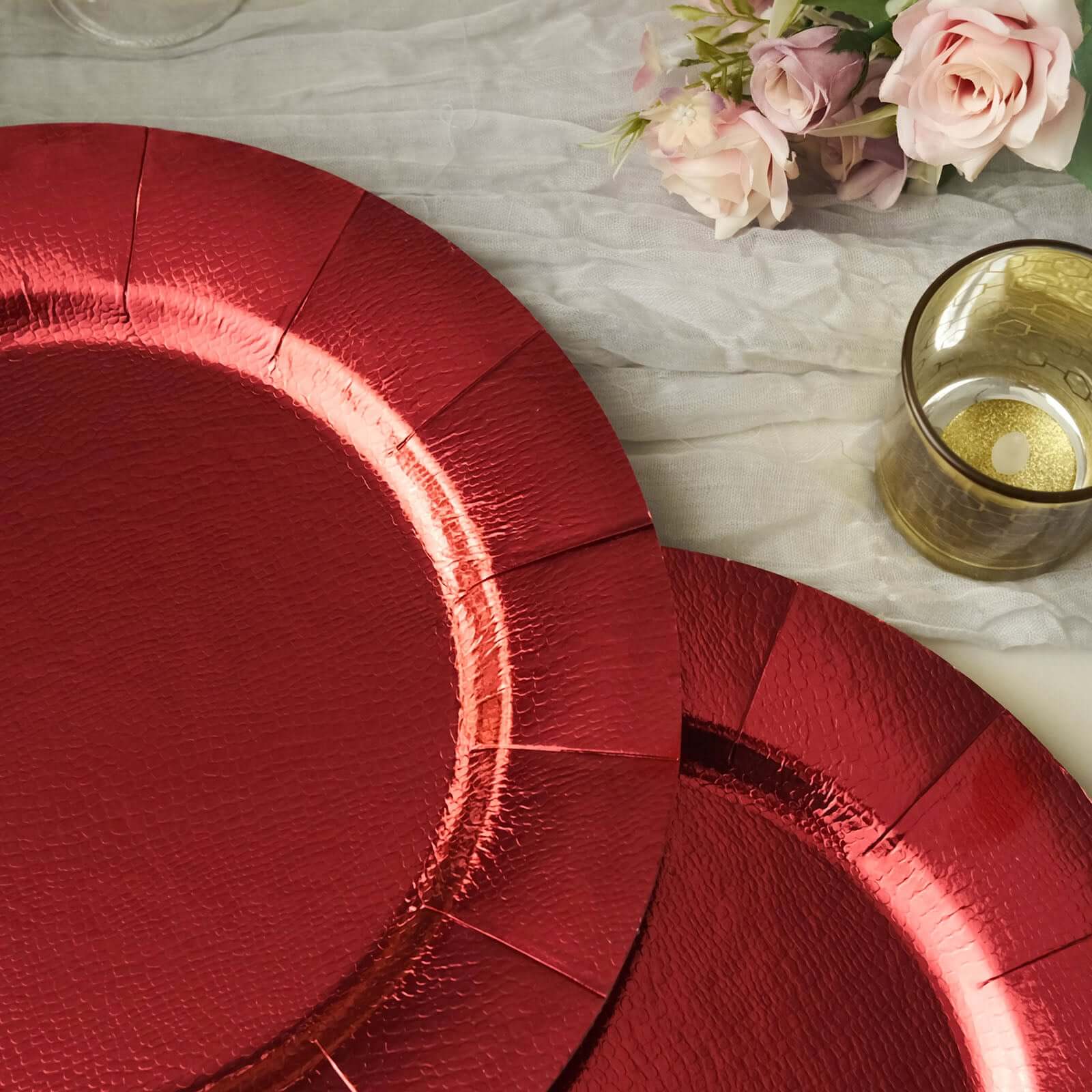 10-Pack Disposable Round Charger Plates in Red with Leathery Texture - Durable 1100GSM Cardboard Placemats 13"