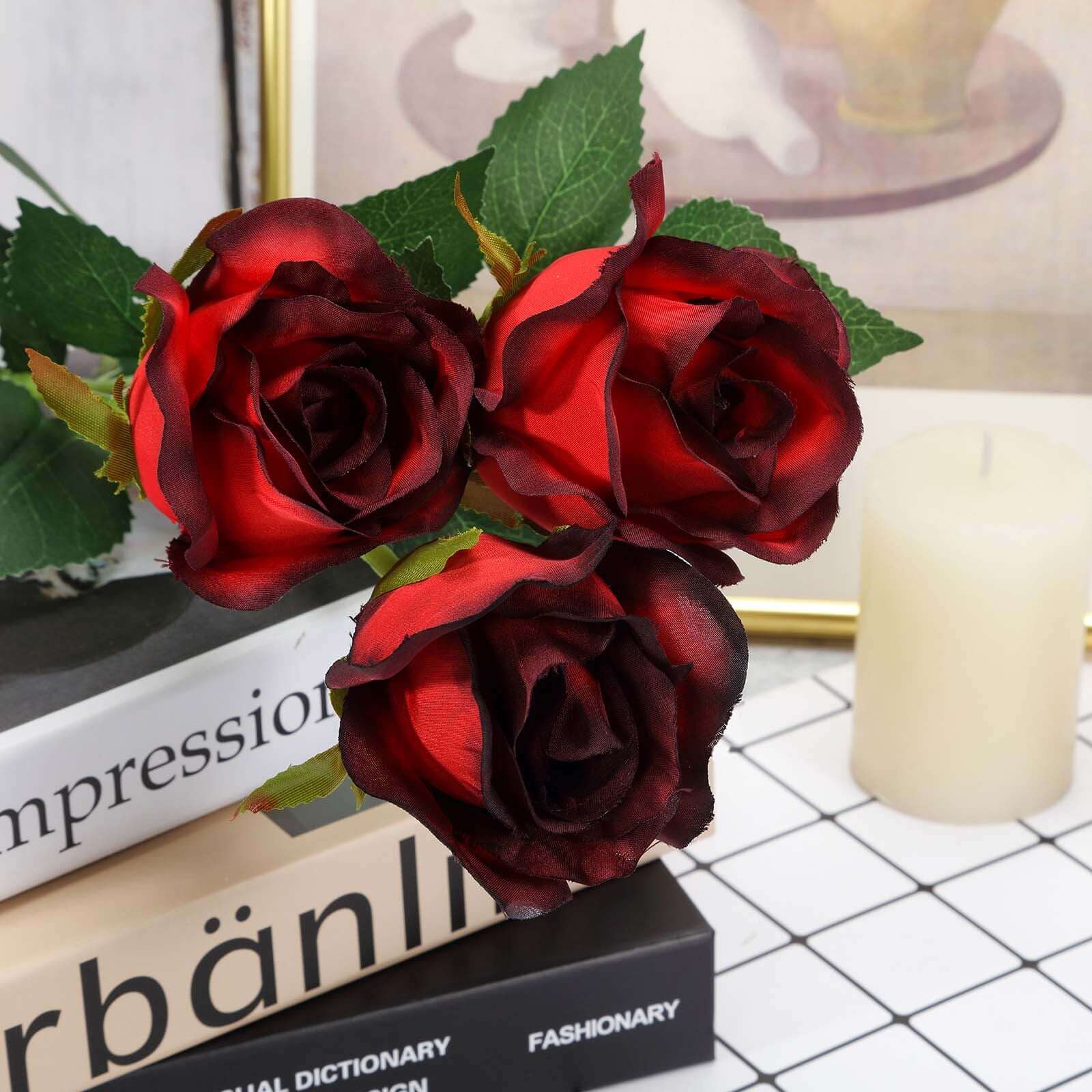 31" 24Pcs Red, Black Tip Long Stem Artificial Silk Roses Flowers