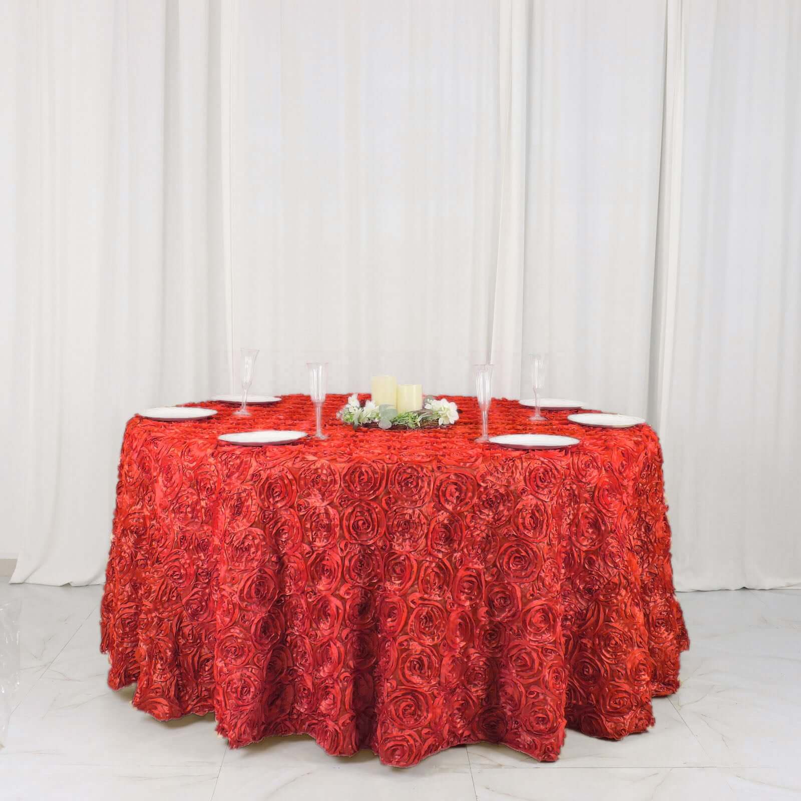 Satin 120" Round Tablecloth Red - Grandiose 3D Rosette with Seamless Finish Table Cover