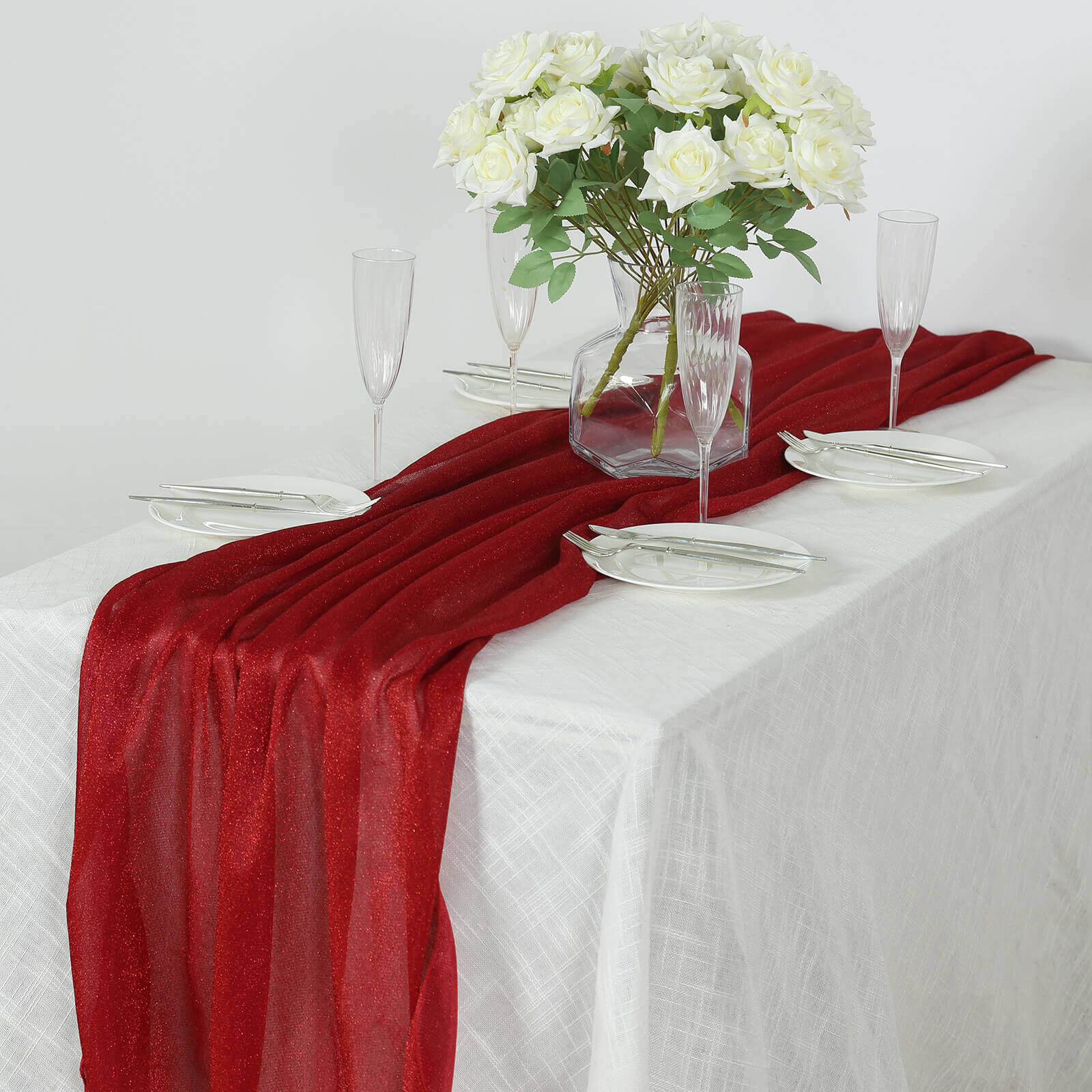 Glitter Gauze 27"x120" Table Runner Red - Sparkling Reusable Sheer Table Linen