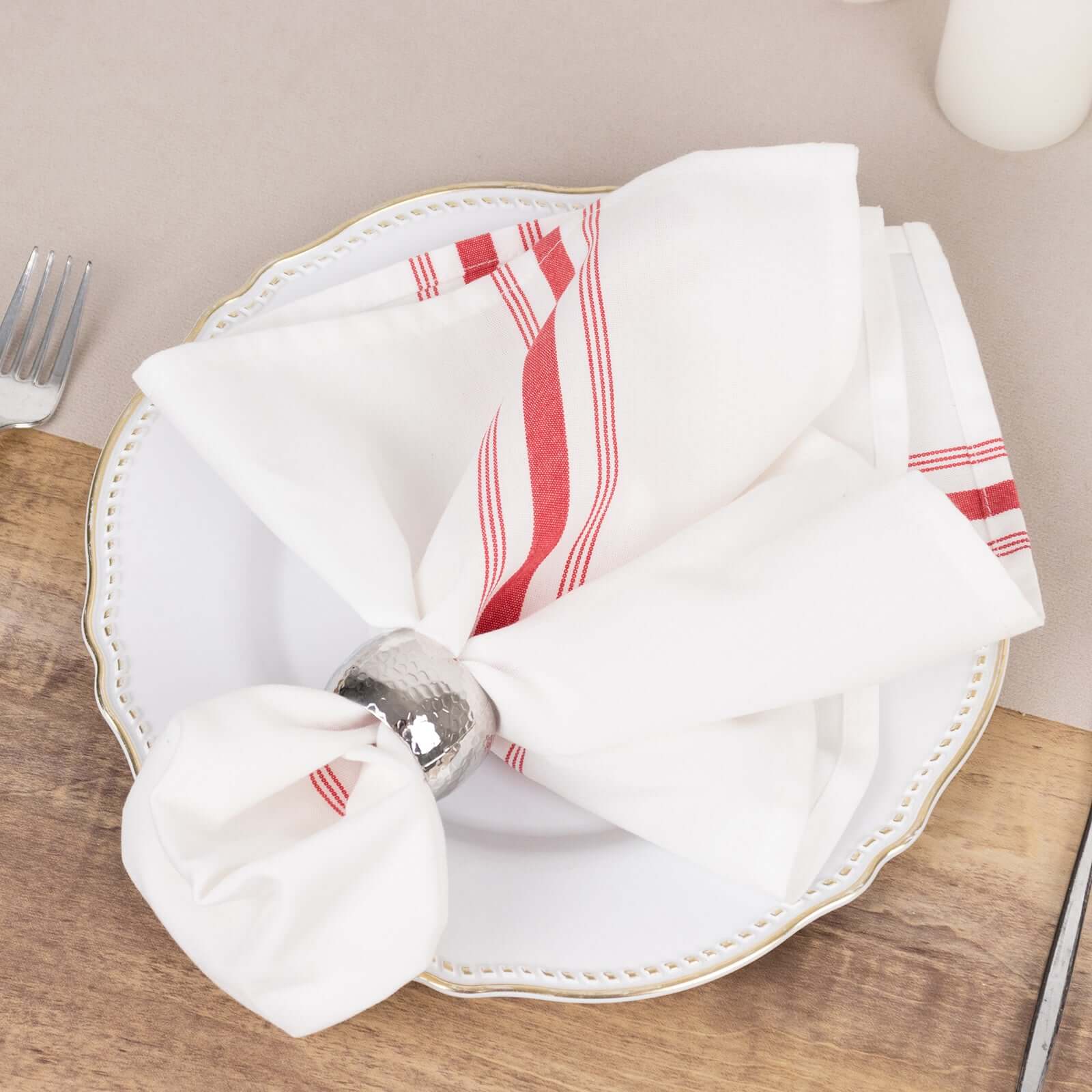 10 Pack Premium Spun Polyester 18"x22" Napkins White/Red Bistro Style - Highly Absorbent Cotton-Like Feel Cloth Napkins