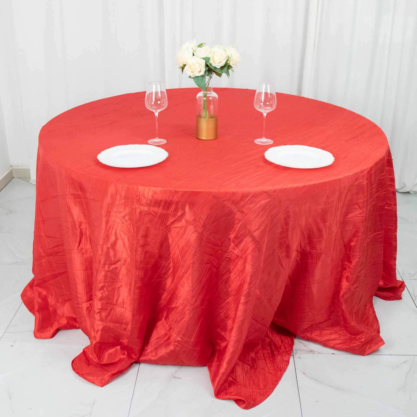 Taffeta 132" Round Tablecloth Red - Seamless Accordion Crinkle Table Cover