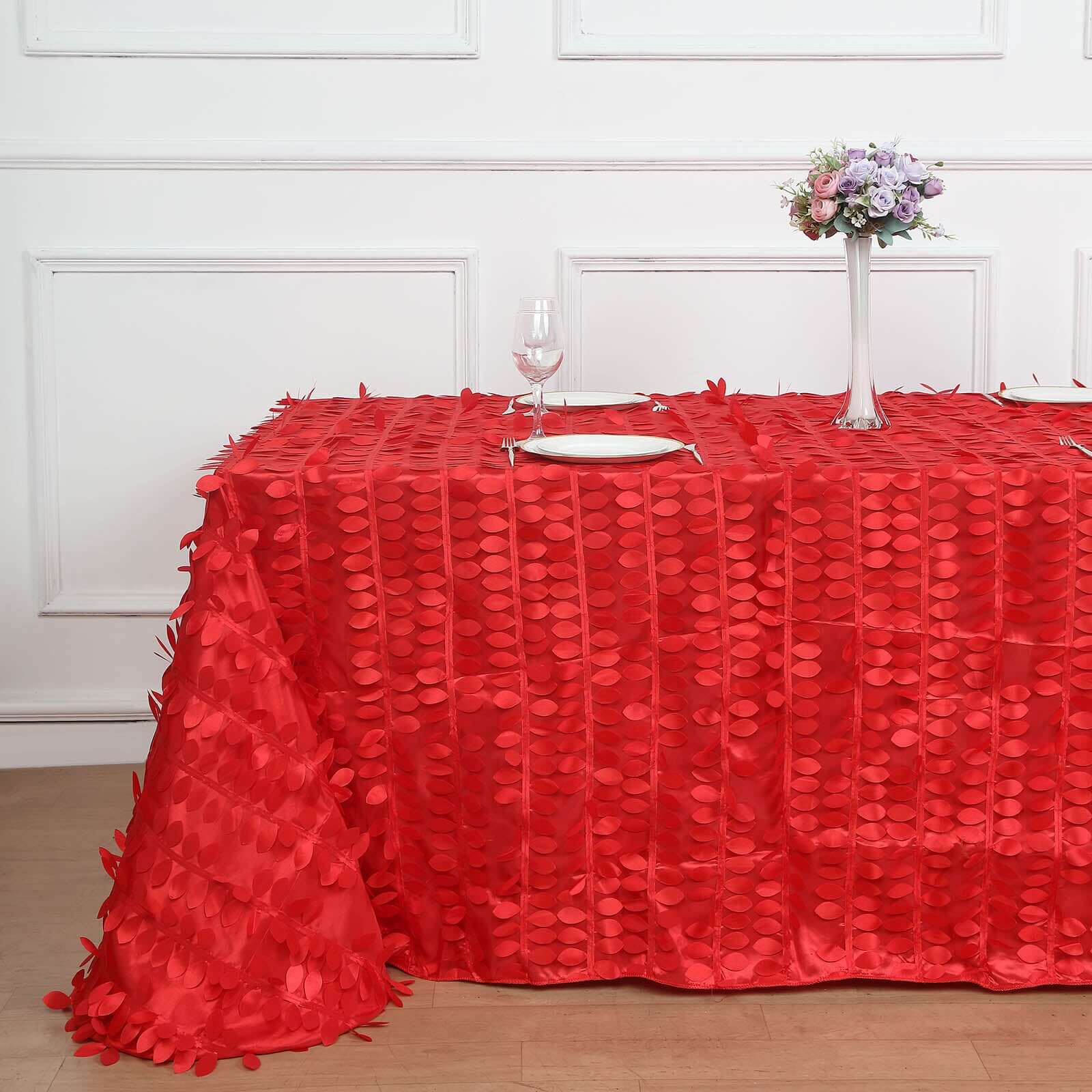 Taffeta 90"x156" Rectangle Tablecloth Red | 3D Leaf Petal Design Seamless Table Cover