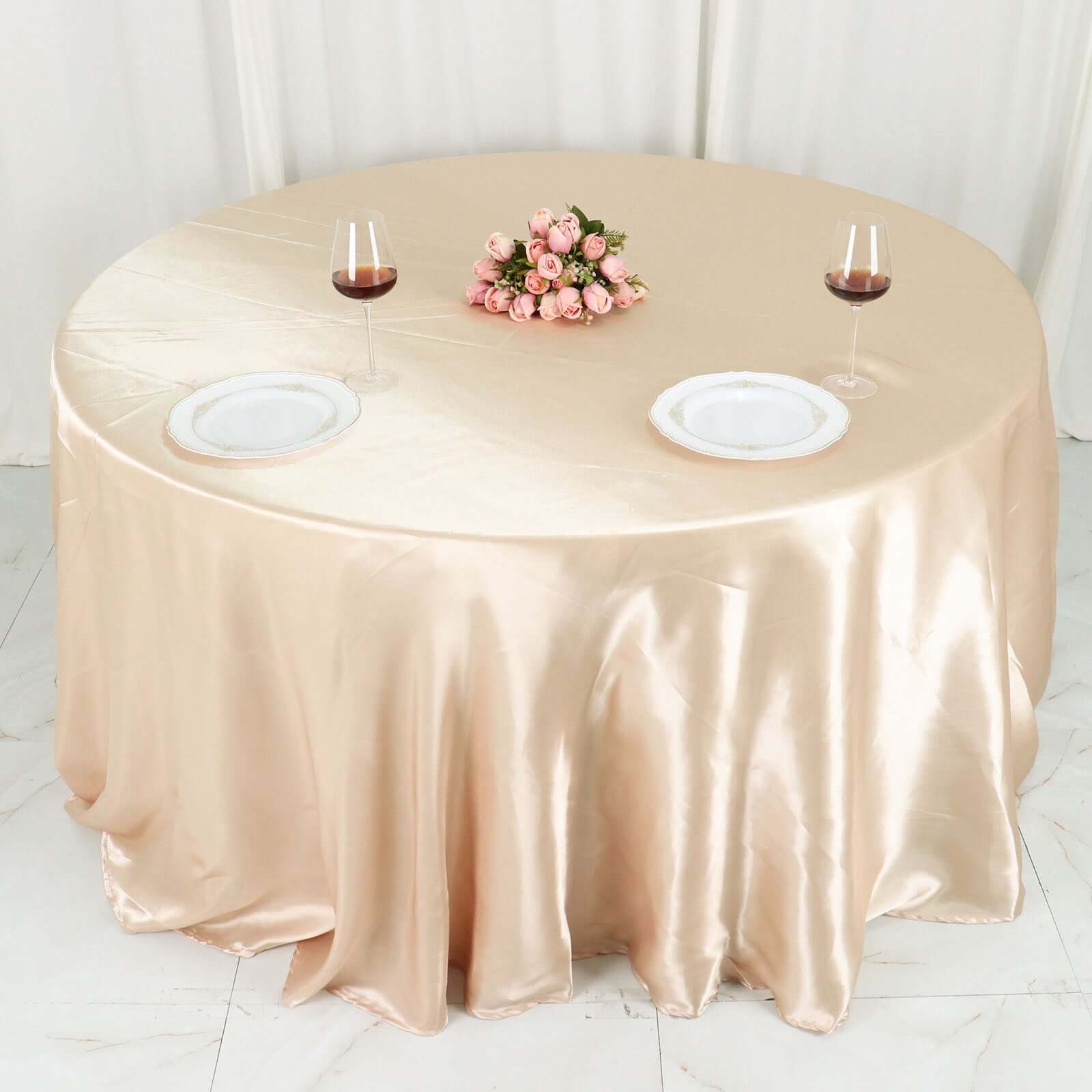 Satin 132" Round Tablecloth Beige - Stylish Seamless Table Cover