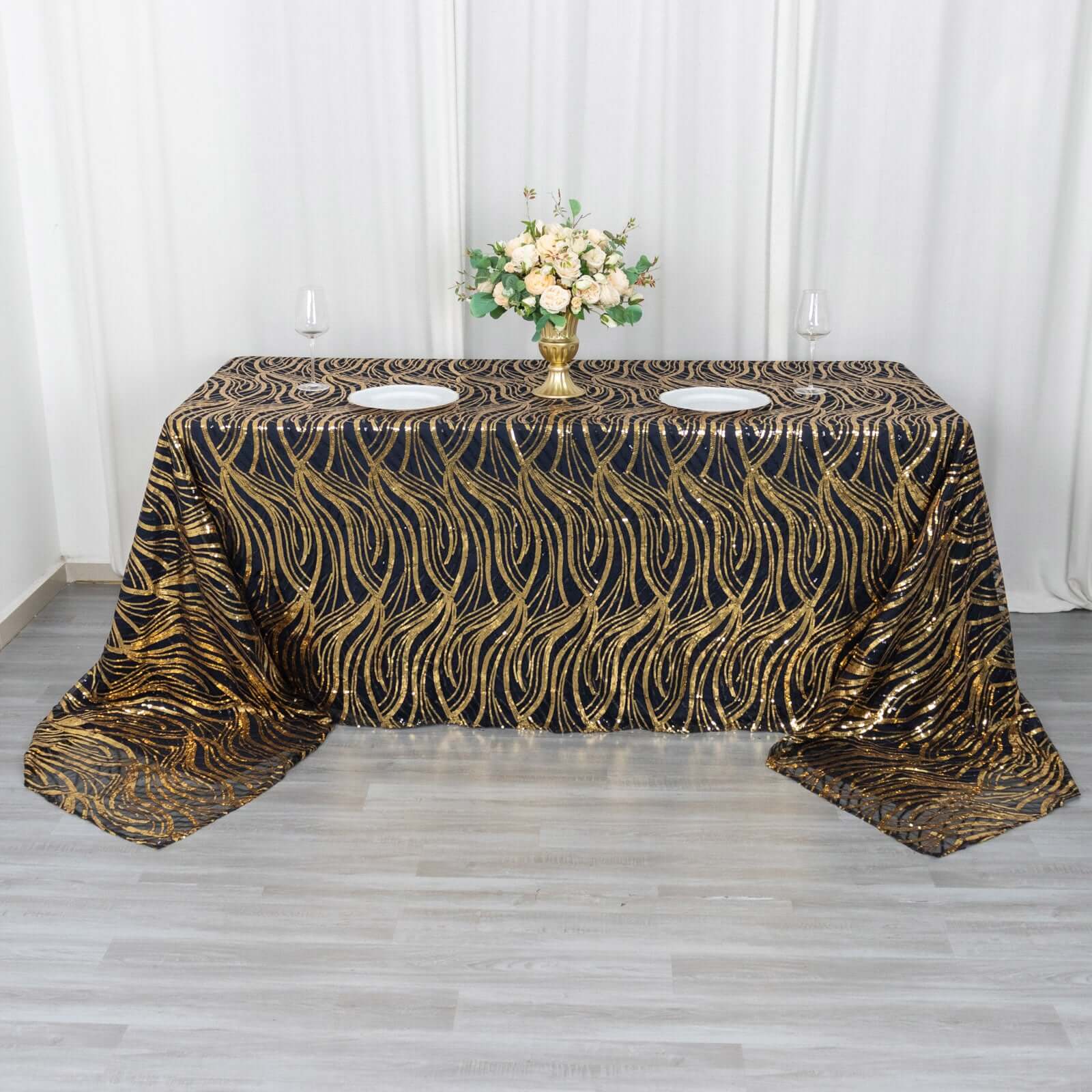 Mesh 90"x156" Rectangle Tablecloth Black/Gold - Wave Sequin Embroidered Table Cover