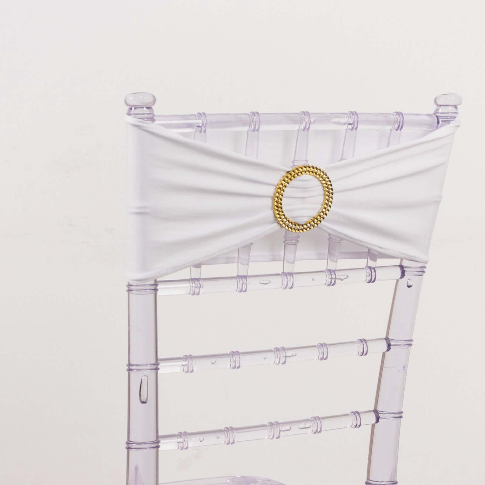 5 Pack Spandex Chair Sashes White with Gold Rhinestone Buckles - Reusable Four-Way Stretch Sash Bands for Classy & Effortless Wedding & Party Decor 5"x14"